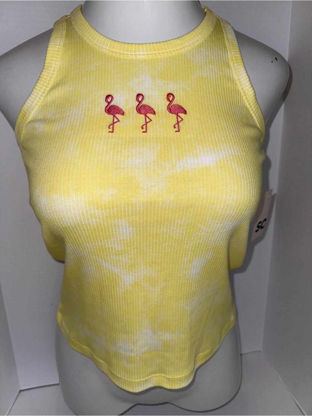 SO Yellow Tie-Dye Ribbed Tank with Pink Flamingo Embroidery